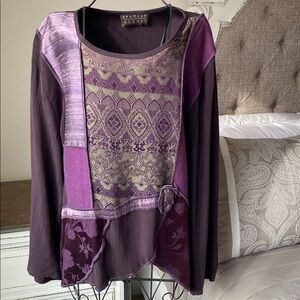 Vintage 1980 Spencer aAlexis Women's Purple and Green Patchwork Top